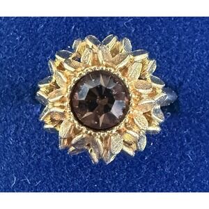 Vtg 1974 Avon Ring Sunflower Faux Brown Topaz Goldtone Sun Flower w Box Medium